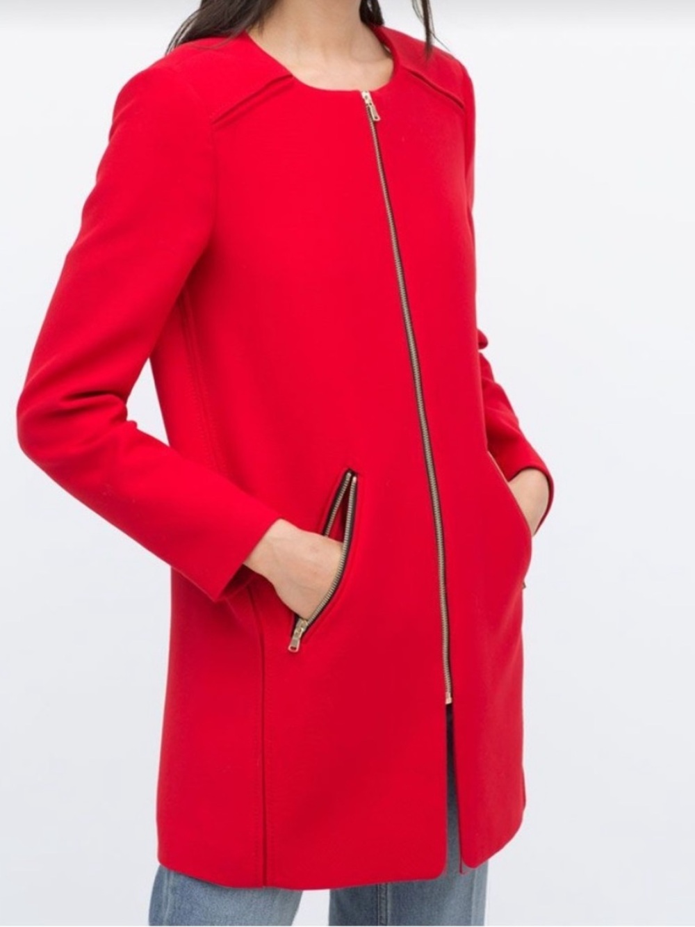 Zara  Bright Red Zip-Front Trench Coat